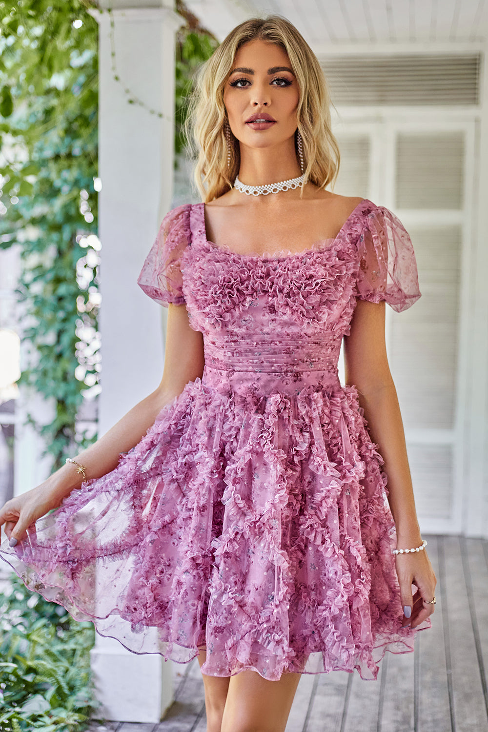 A Line Purple Printed Cocktail Dress with Ruffles