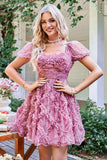 A Line Purple Printed Cocktail Dress with Ruffles