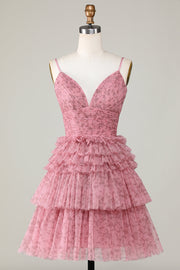 Cute A Line Spaghetti Straps Blush Cocktail Dress with Ruffles