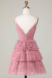 Cute A Line Spaghetti Straps Blush Cocktail Dress with Ruffles