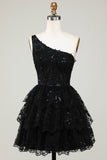 Gorgeous Black One Shoulder Cocktail Dress With Appliques