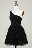 Gorgeous Black One Shoulder Cocktail Dress With Appliques