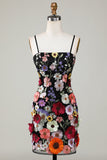 Bodycon Spaghetti Straps Black Cocktail Dress with 3D Flowers