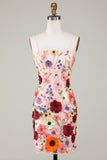 Sheath Spaghetti Straps Blush Cocktail Dress with 3D Flowers