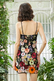 Black Spaghetti Straps Sheath Cocktail Dress with 3D Flowers