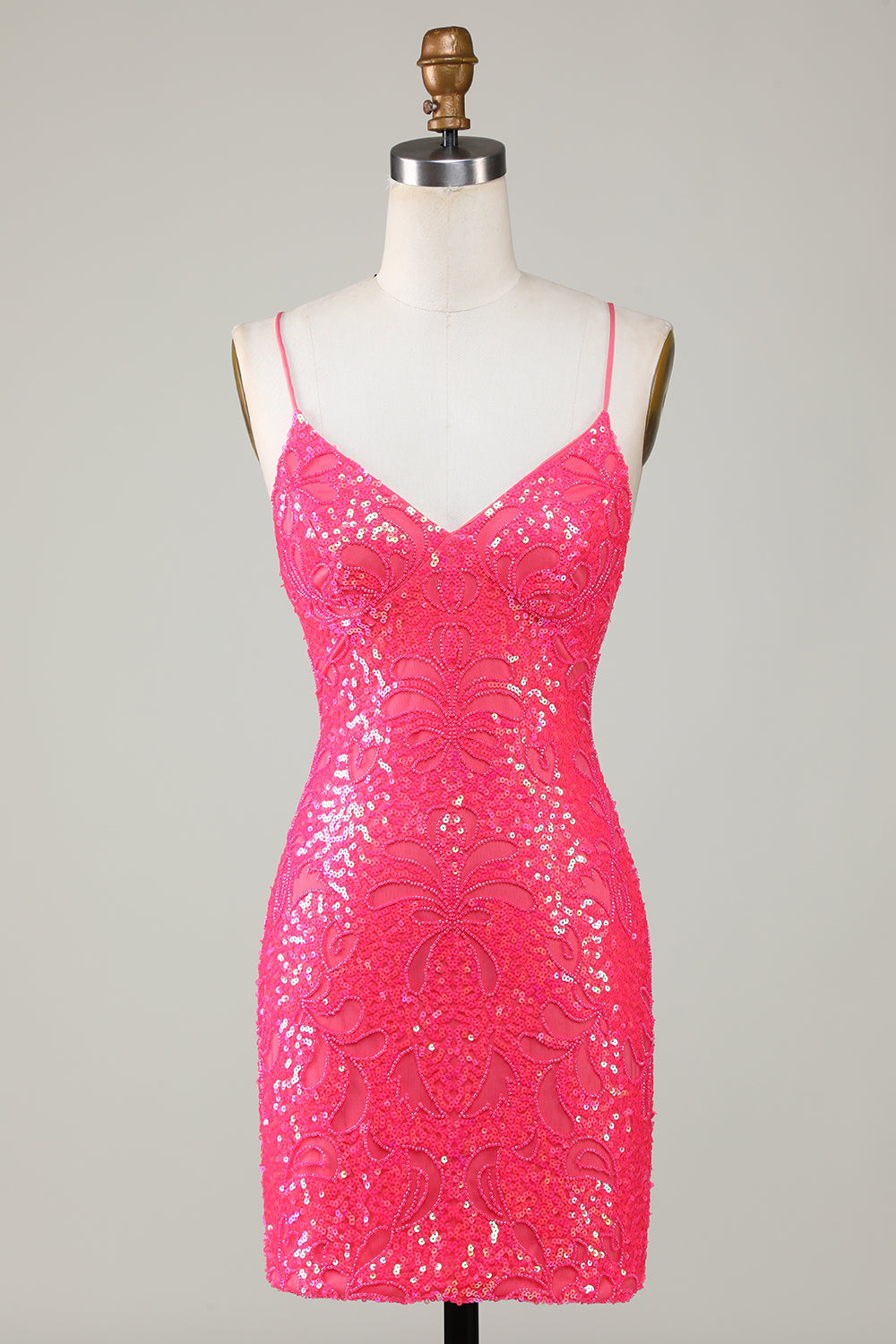 Sparkly Fuchsia Beaded Tight Short Cocktail Dress