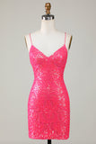 Sparkly Fuchsia Beaded Tight Short Cocktail Dress