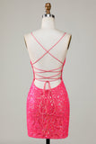 Sparkly Fuchsia Beaded Tight Short Cocktail Dress
