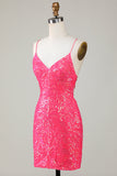Sparkly Fuchsia Beaded Tight Short Cocktail Dress