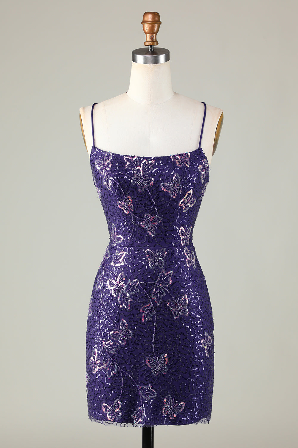 Sparkly Sheath Spaghetti Straps Dark Purple Short Ball Dress with Criss Cross Back