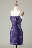 Sparkly Sheath Spaghetti Straps Dark Purple Short Ball Dress with Criss Cross Back