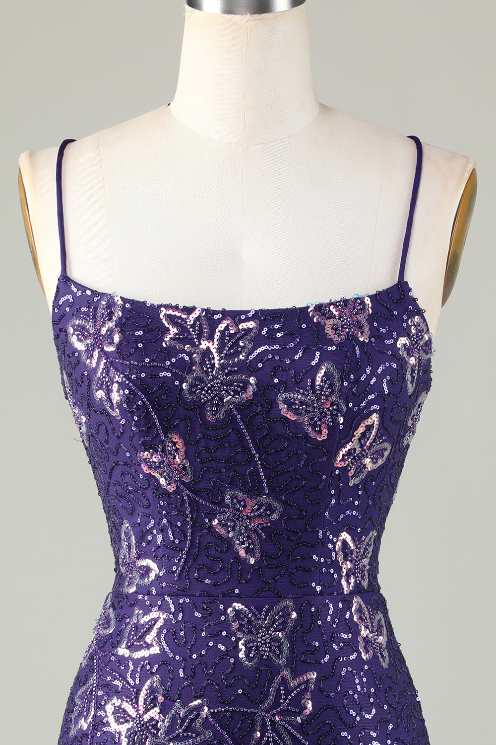 Sparkly Sheath Spaghetti Straps Dark Purple Short Ball Dress with Criss Cross Back
