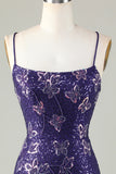 Sparkly Sheath Spaghetti Straps Dark Purple Short Ball Dress with Criss Cross Back