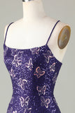 Sparkly Sheath Spaghetti Straps Dark Purple Short Ball Dress with Criss Cross Back