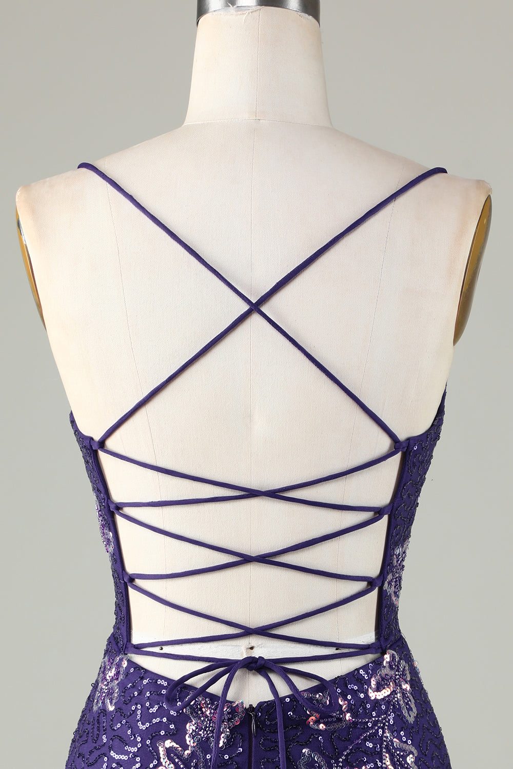 Sparkly Sheath Spaghetti Straps Dark Purple Short Ball Dress with Criss Cross Back