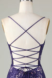 Sparkly Sheath Spaghetti Straps Dark Purple Short Ball Dress with Criss Cross Back
