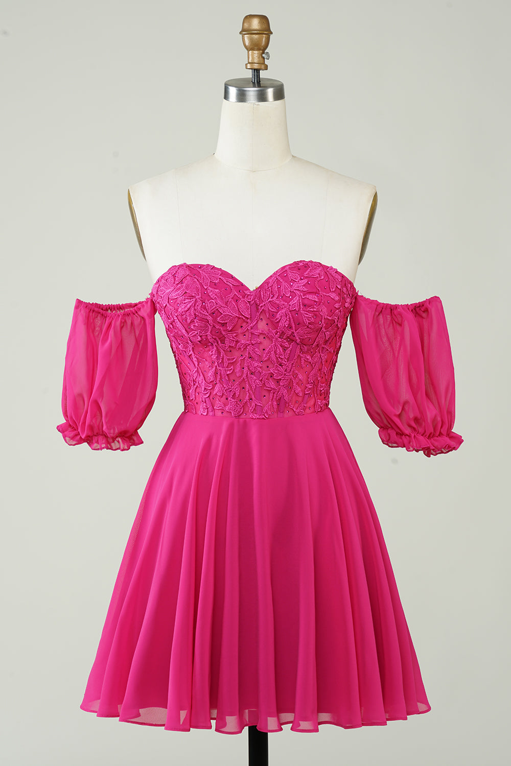 Fuchsia Corset A-Line Chiffon Short Cocktail Dress with Lace