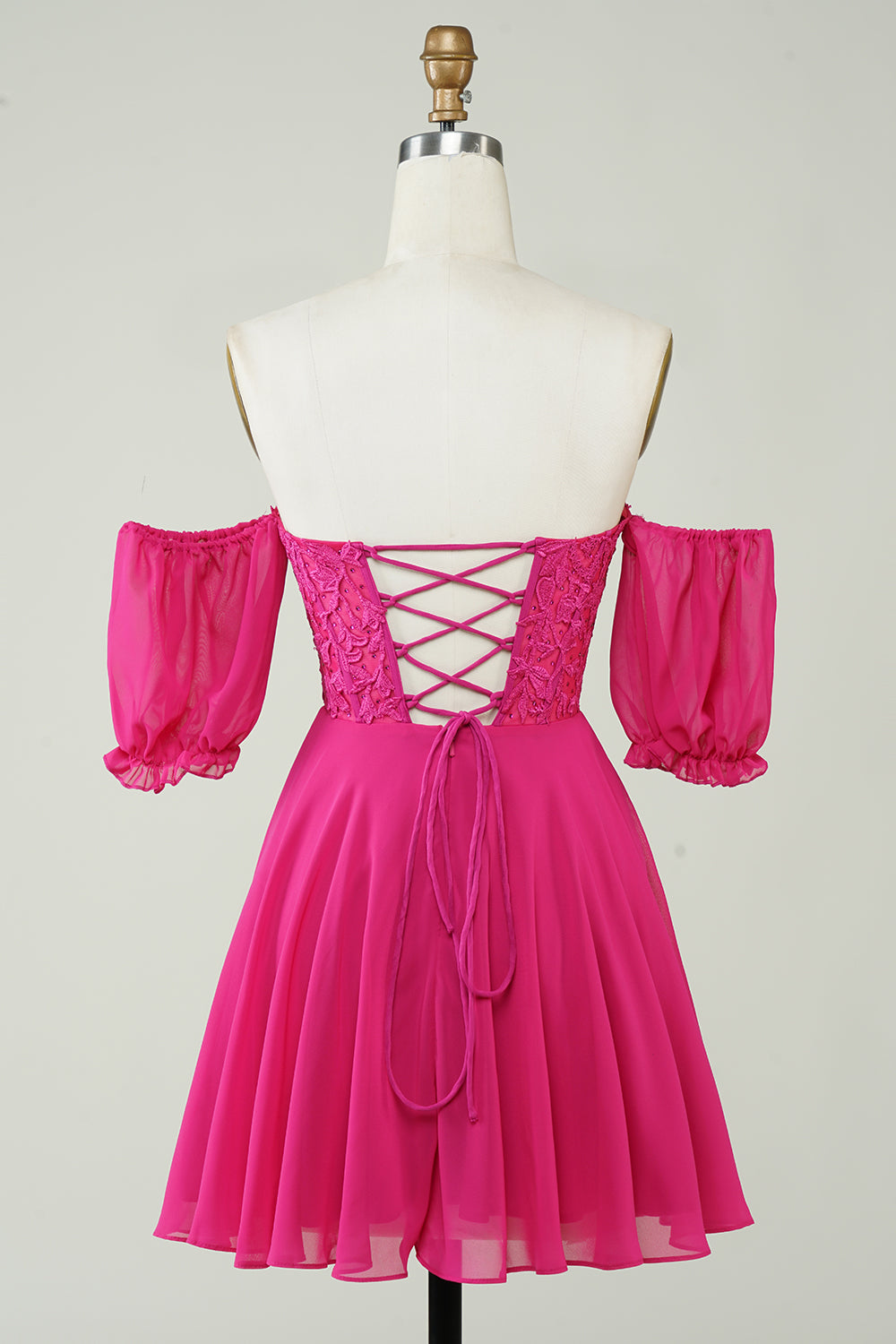 Fuchsia Corset A-Line Chiffon Short Cocktail Dress with Lace