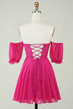 Fuchsia Corset A-Line Chiffon Short Cocktail Dress with Lace