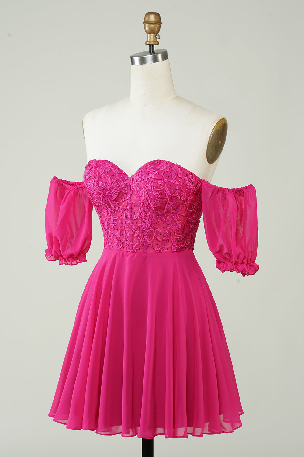 Fuchsia Corset A-Line Chiffon Short Cocktail Dress with Lace