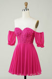 Fuchsia Corset A-Line Chiffon Short Cocktail Dress with Lace