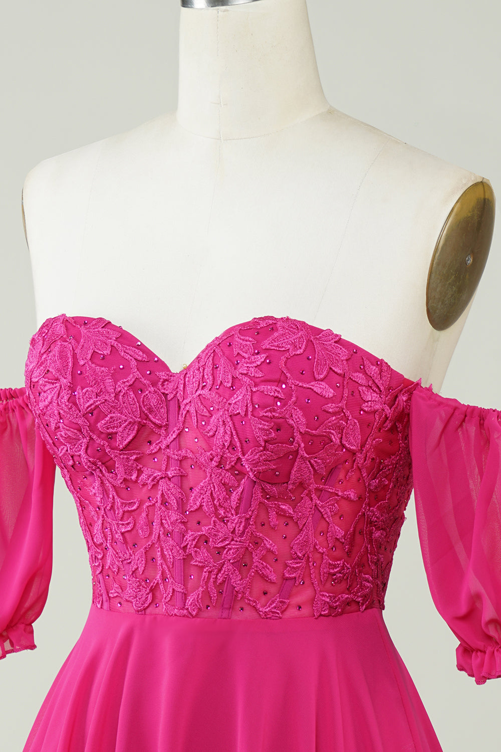 Fuchsia Corset A-Line Chiffon Short Cocktail Dress with Lace