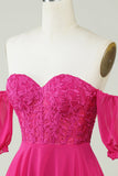 Fuchsia Corset A-Line Chiffon Short Cocktail Dress with Lace