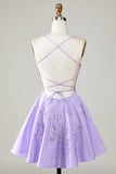 Purple Corset A-Line Satin Short Cocktail Dress with Lace
