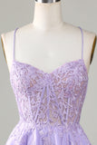 Purple Corset A-Line Satin Short Cocktail Dress with Lace