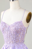 Purple Corset A-Line Satin Short Cocktail Dress with Lace