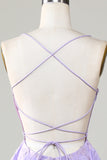 Purple Corset A-Line Satin Short Cocktail Dress with Lace