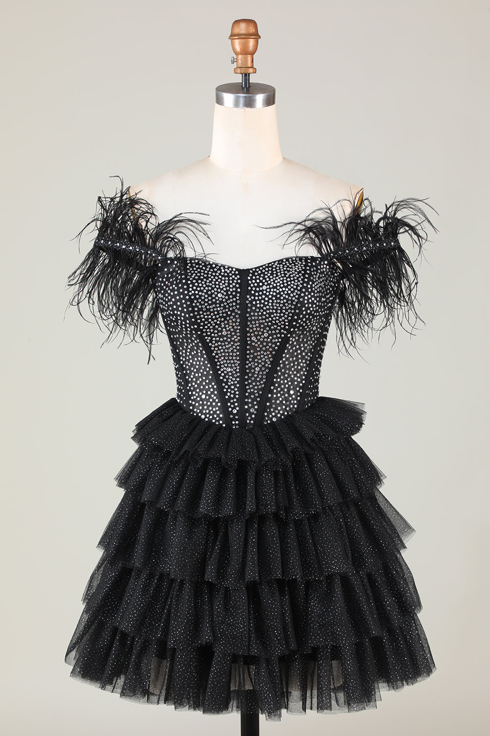 Sparkly Beaded Corset A-Line Black Short Ball Dress with Feathers