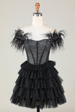 Sparkly Beaded Corset A-Line Black Short Ball Dress with Feathers