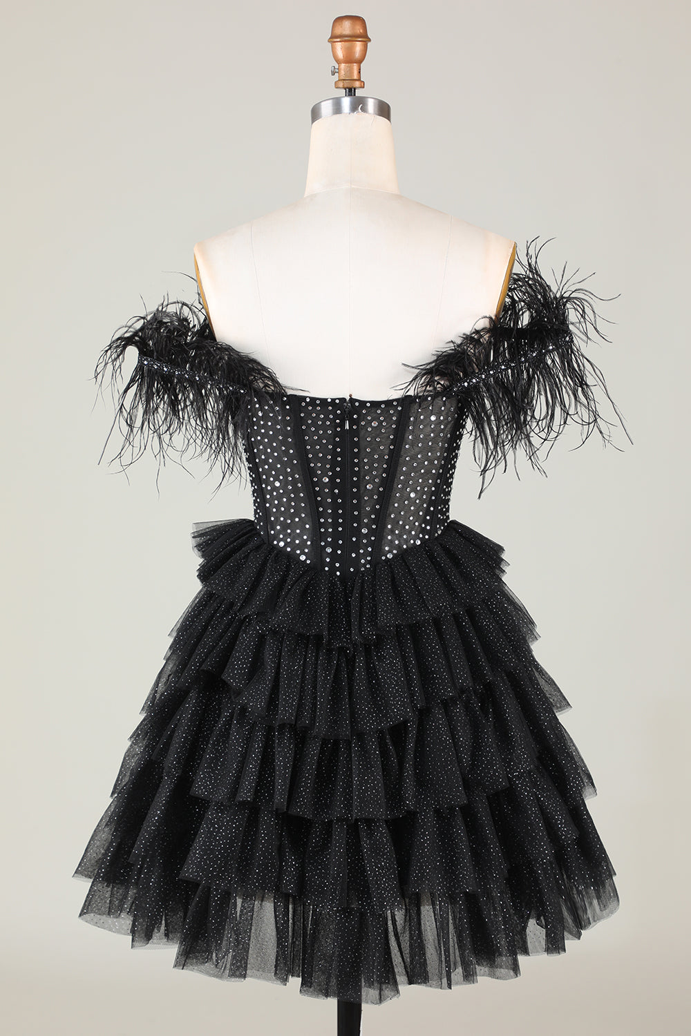 Sparkly Beaded Corset A-Line Black Short Ball Dress with Feathers