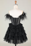 Sparkly Beaded Corset A-Line Black Short Ball Dress with Feathers