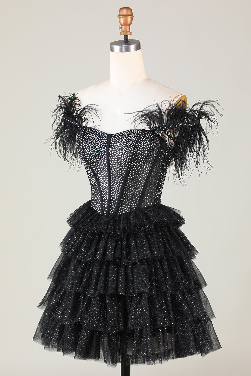 Sparkly Beaded Corset A-Line Black Short Ball Dress with Feathers