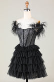 Sparkly Beaded Corset A-Line Black Short Ball Dress with Feathers
