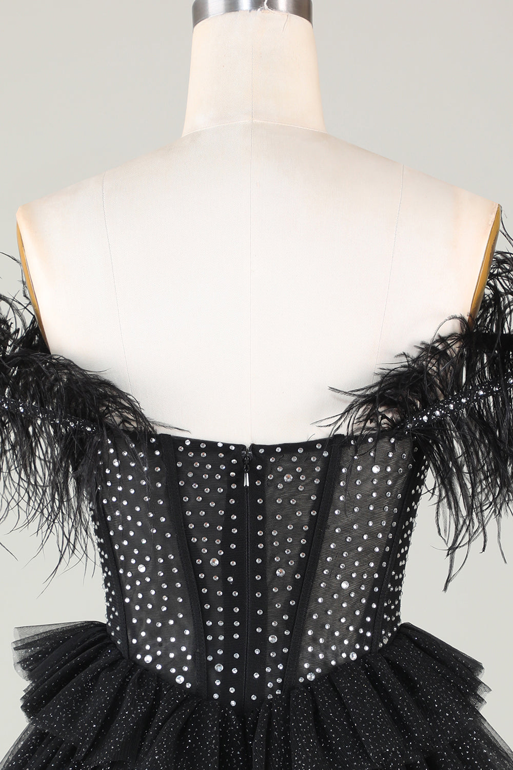 Sparkly Beaded Corset A-Line Black Short Ball Dress with Feathers