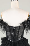 Sparkly Beaded Corset A-Line Black Short Ball Dress with Feathers