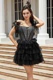 Sparkly Beaded Corset A-Line Black Short Ball Dress with Feathers