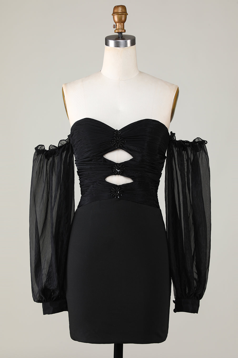 Off The Shoulder Keyhole Black Cocktail Dress with Beading