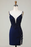 Sparkly Navy Corset Tight Short Cocktail Dress with Lace