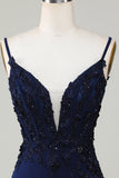 Sparkly Navy Corset Tight Short Cocktail Dress with Lace