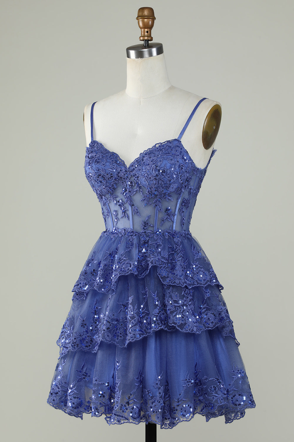 Cute A Line Spaghetti Straps Dark Blue Sparkly Corset Cocktail Dress