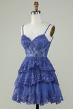 Cute A Line Spaghetti Straps Dark Blue Sparkly Corset Cocktail Dress