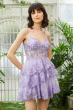 A Line Sparkly Spaghetti Straps Sequins Purple Short Cocktail Dress