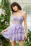 A Line Sparkly Spaghetti Straps Sequins Purple Short Cocktail Dress