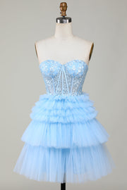 Cute A-Line Sweetheart Blue Corset Short Cocktail Dress with Ruffles