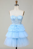 Cute A-Line Sweetheart Blue Corset Short Cocktail Dress with Ruffles