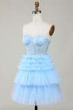 Cute A-Line Sweetheart Blue Corset Short Cocktail Dress with Ruffles